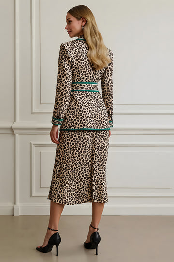 Coffee Leopard Notched Lapel 2 Piece Work Dress